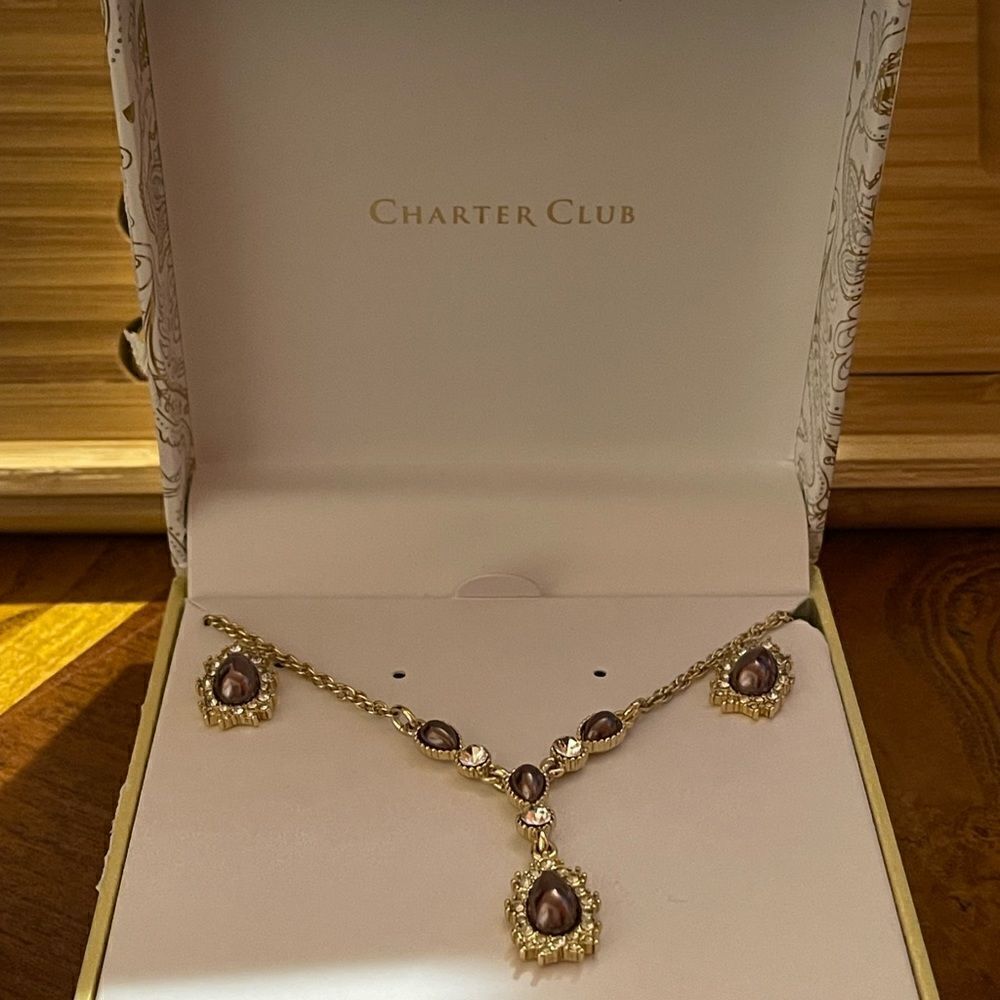 NIB charter club lariat brown faux pearl clear rhinestone necklace and earrings